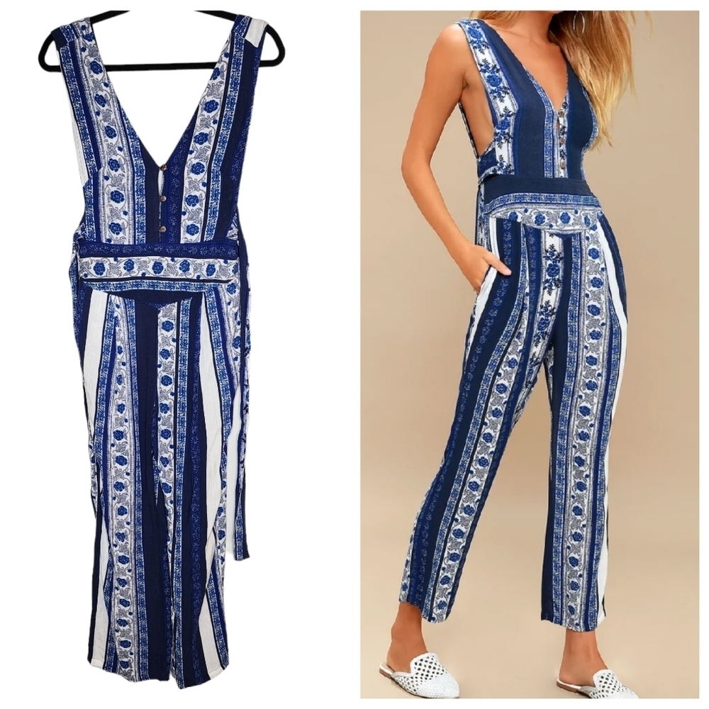 Free People All Shook Up Blue Print Sleeveless Jumpsuit Women's Size 2‎ Rayon